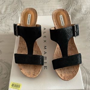Wedge cork and black leather sandals